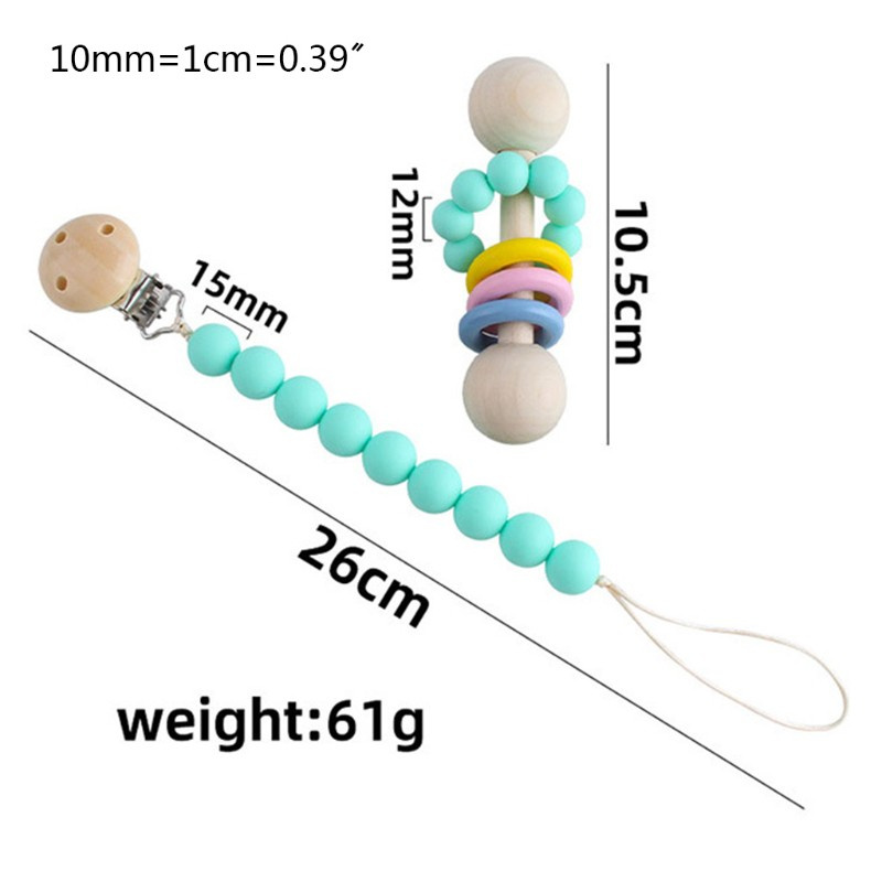 Bộ đồ chơi lục lạc gỗ và dây đeo núm ti em bé bằng silicon