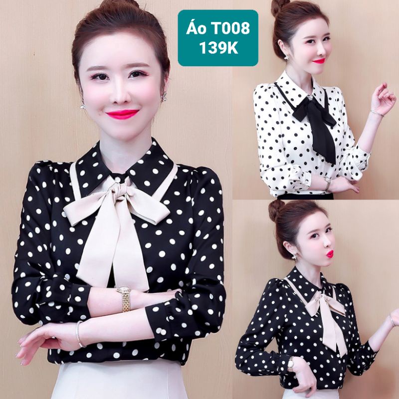 Áo sơ mi nữ tay dài chấm bi cổ nơ