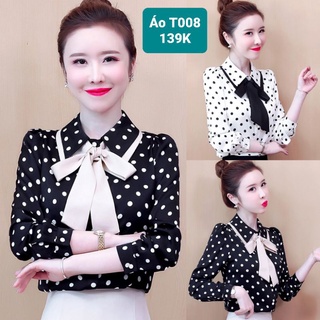 Áo sơ mi nữ tay dài chấm bi cổ nơ