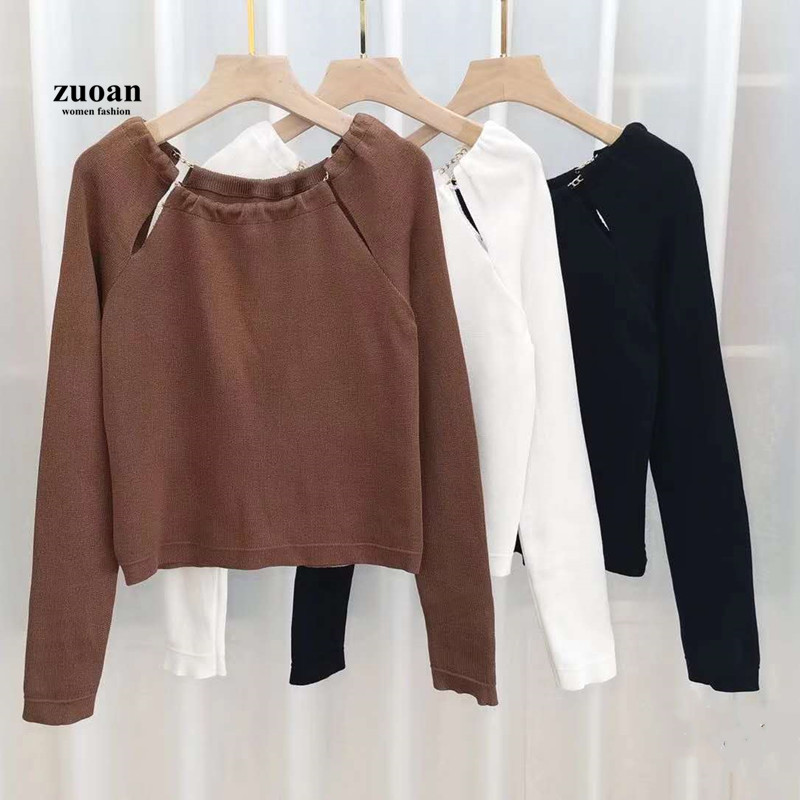 SUXI Áo Thun Dệt Kim Tay Dài Cổ Tròn Phong Cách Hàn Quốc