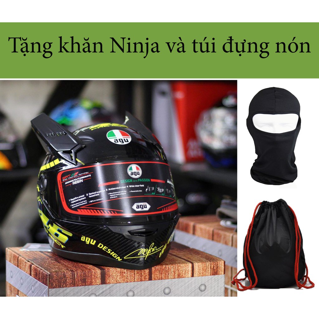 Mũ bảo hiễm Fullface AGU tem 46 Vàng và tai rùa, tặng khăn trùm ninja kèm túi đựng nón