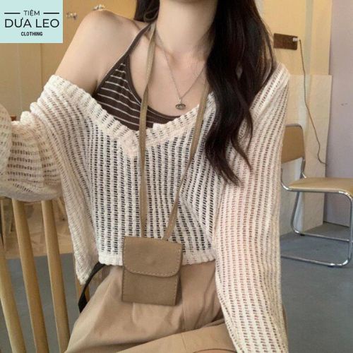 Set áo len lưới dệt kim dày tay mỏng nhẹ xuyên thấu cổ V