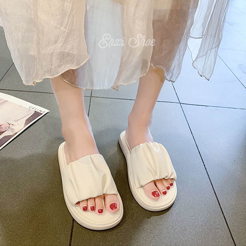Oeggeo shop Dép Lê Đế Phẳng Xếp Ly Mang Hàng Ngày Cho Nữ Mặc Ngoài Trời
