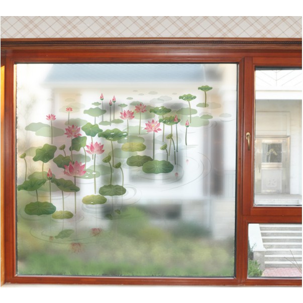 Decal Dán Kính Cao Cấp - Thuyền nhỏ và Hồ sen ( 60x58cm )