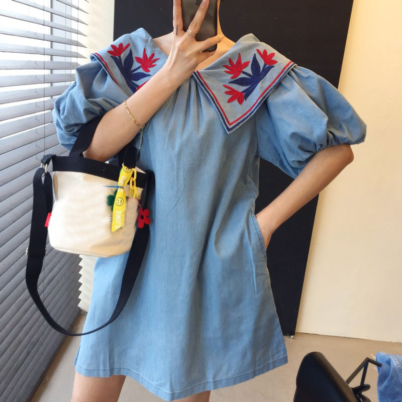 Đầm Denim Tay Phồng Cổ Thủy Thủ Thời Trang Dành Cho Nữ
