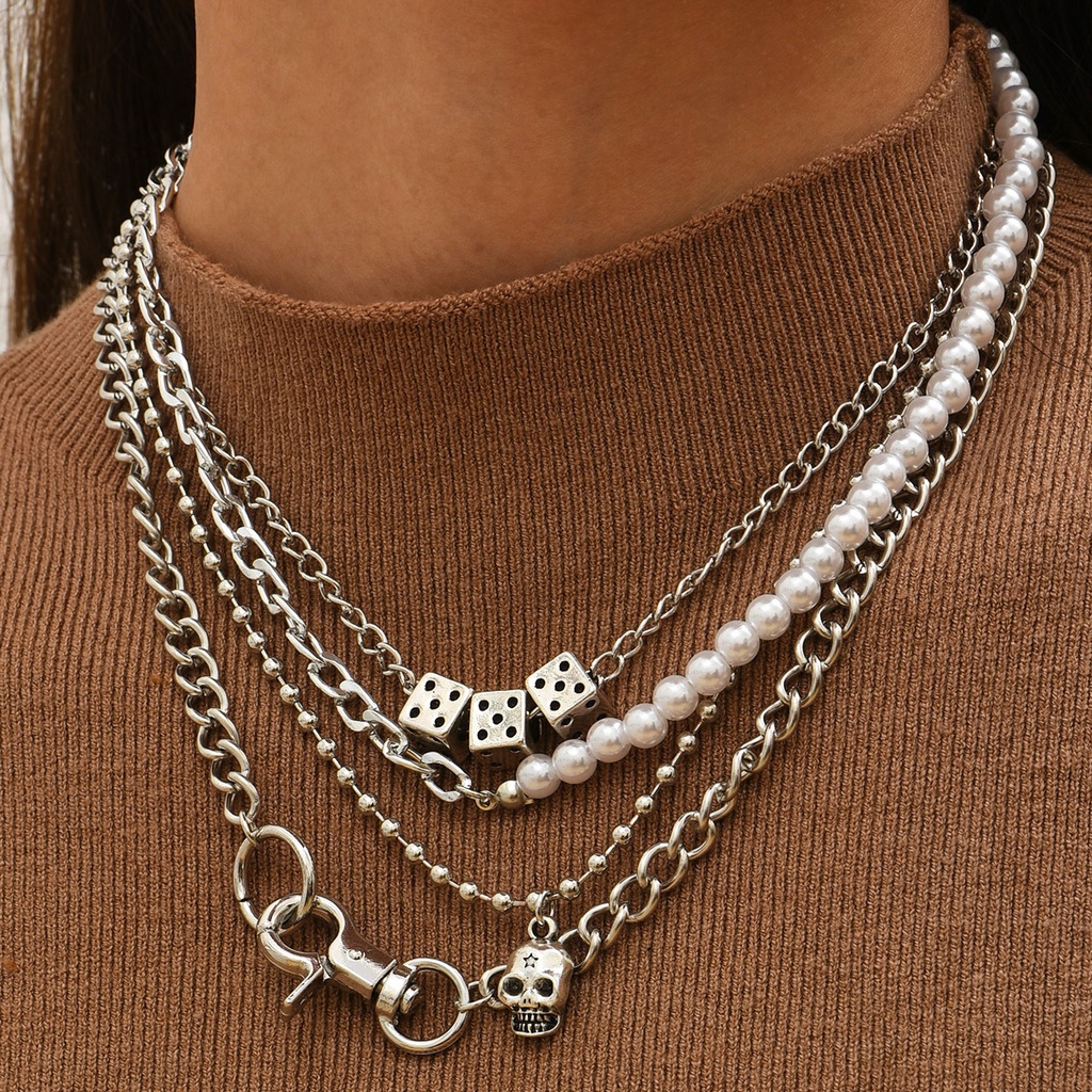 Bộ 3 Vòng cổ Bạc Unisex Hình Xúc Xắc Đầu Lâu Đính Hạt Ngọc Trai Thời Trang