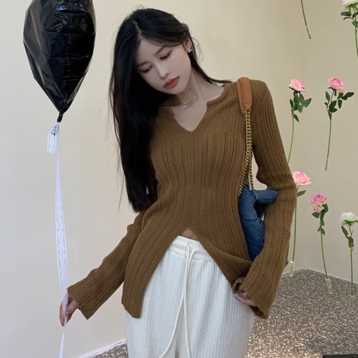 Áo Dệt Kim Tay Dài Cổ Chữ V Xẻ Tà Dáng Ôm Phong Cách Hàn Quốc Cổ Điển Thời Trang Cho Nữ