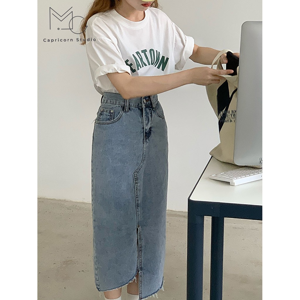 Chân váy Jean dài xẻ vạt lệch cá tính phong cách Ulzzang Hàn Quốc [MinC.Studio - MCCV005] | BigBuy360 - bigbuy360.vn