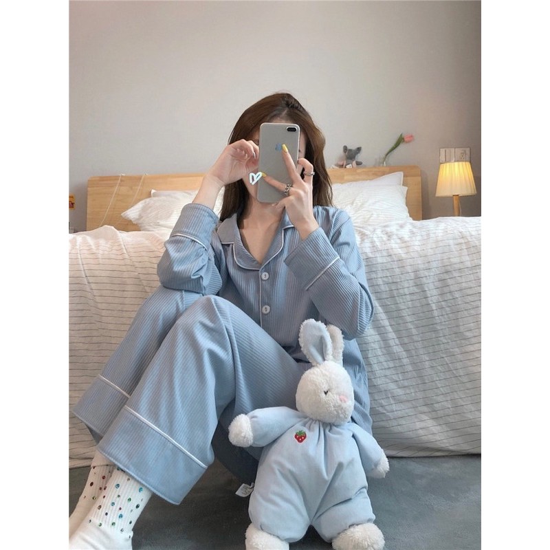 (Sẵn XL) Set pijama xanh pastel sọc gân ulzzang Hàn Quốc [Yannie] NoBrand