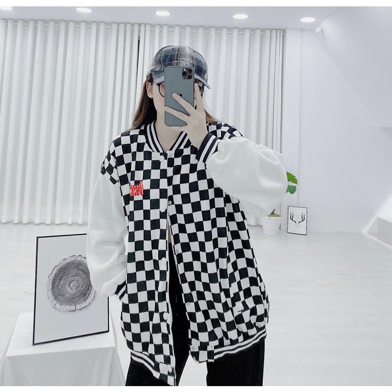 Áo Bomber Nỉ Bông Unisex Caro Thêu Chữ Ảnh Thật