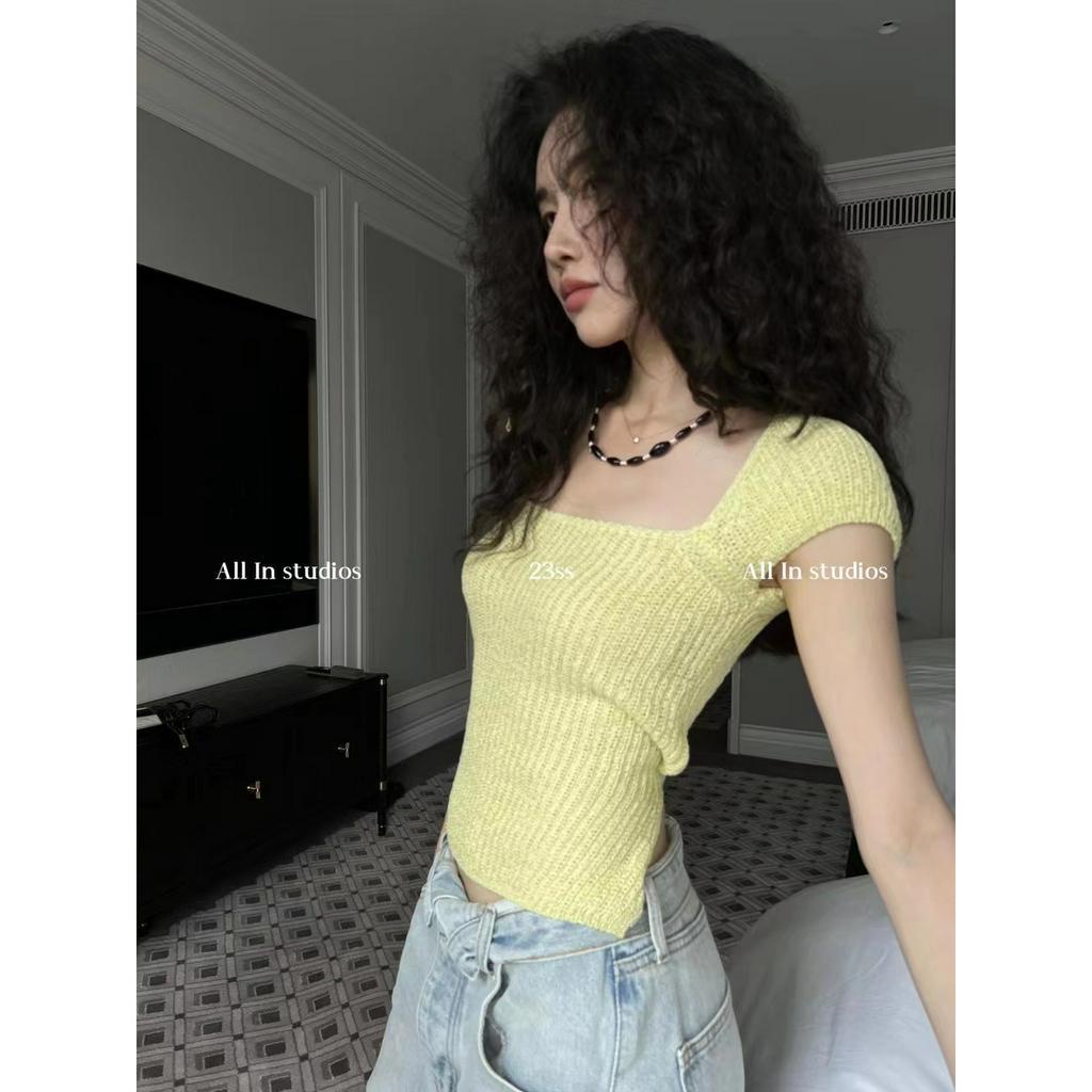 qkoole   Áo Dệt Kim Ngắn Tay Cổ Vuông Thời Trang Hàn Quốc Cho Nữ