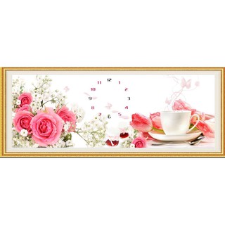 Tranh đính đá đồng hồ Hoa Hồng và Trà LV074 kt 121x50cm