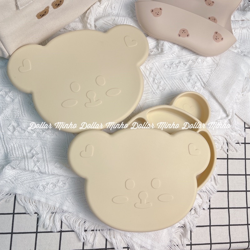 (Có hộp) Khay ăn dặm silicone cao cấp 5 ngăn hình gấu có nắp cho bé từ 5M, có đế hít chống trượt đổ, BPA FREE