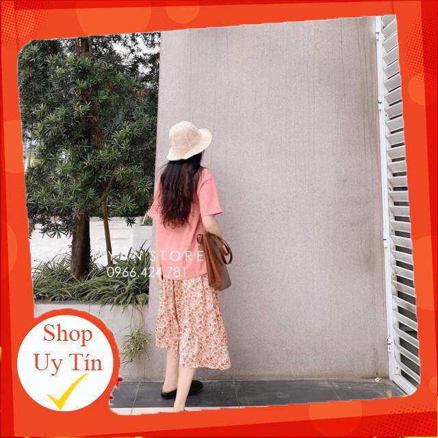 (VNXK) SET ÁO THUN HỒNG JET 'AIME MIX CHÂN VÁY HOA VINTAGE DÁNG DÀI - CHÂN VÁY MIDI HOA NHÍ ULZZANG