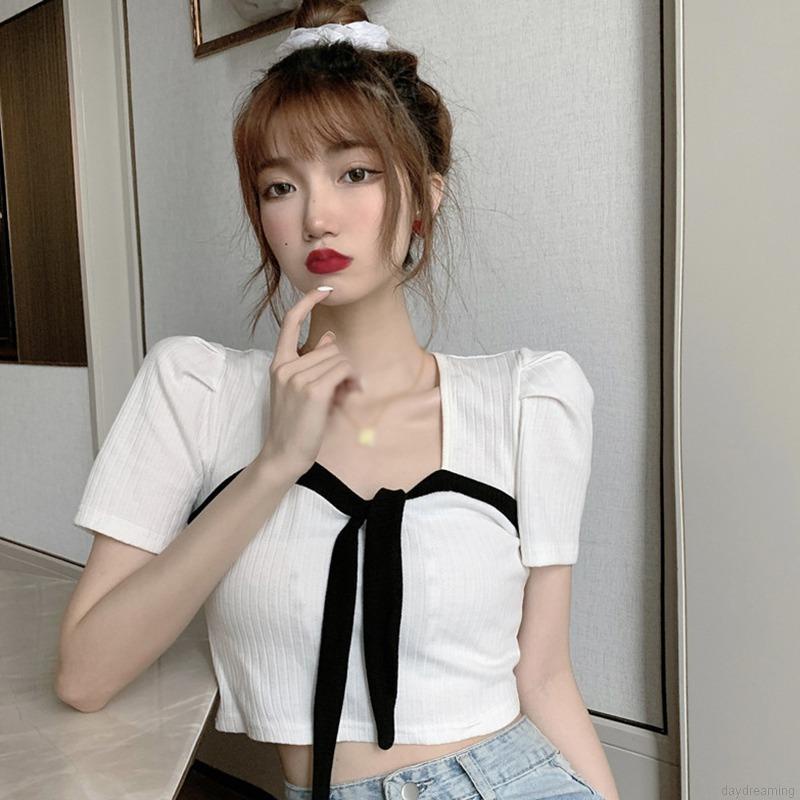 Áo kiểu croptop dệt kim tay ngắn cổ vuông thắt nơ phong cách thời trang mùa hè dành cho nữ