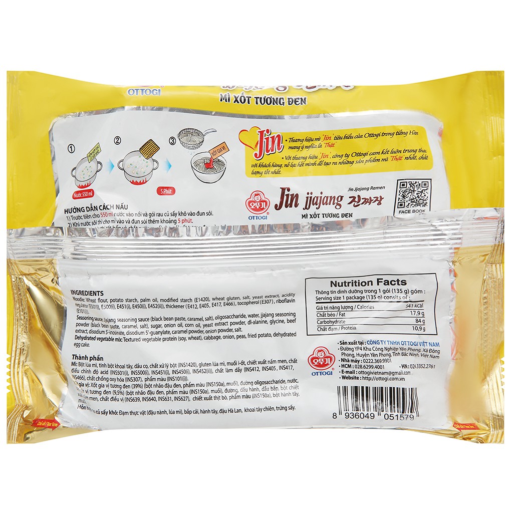 Mì trộn xốt tương đen Jin Jjajang Ramen Ottogi gói 135g(MÌ XỐT TƯƠNG ĐEN (VN) 135g)