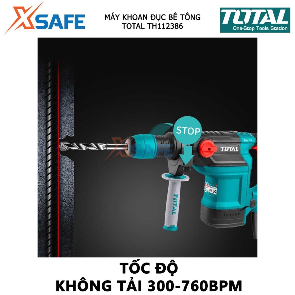 Máy khoan búa cầm tay TOTAL TH112386 1200W chống rung, tốc độ 760rpm, tốc độ đập 1950-4860bpm, khoan bê tông 38mm -xsafe