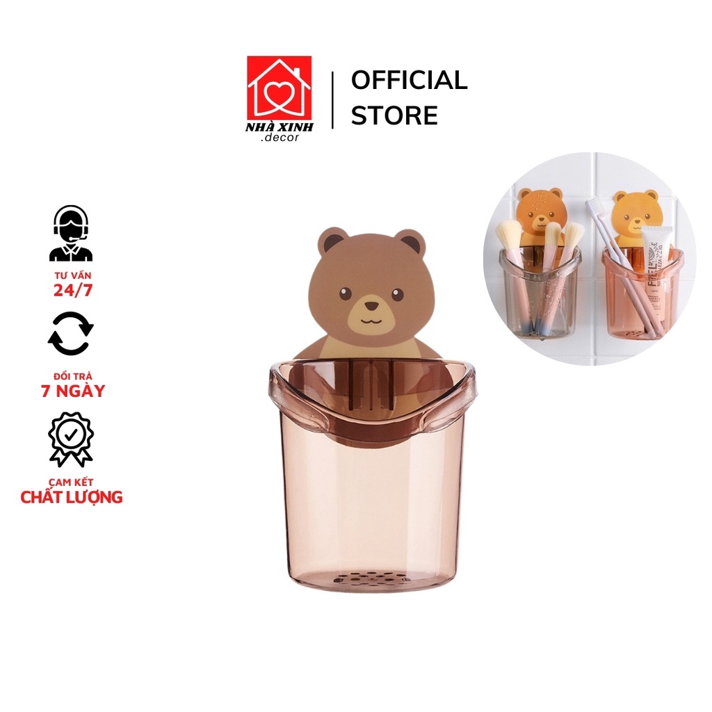Ly cốc đựng bàn chải kem đánh răng dán tường hình gấu Combo 4 đinh treo tường 4 chân