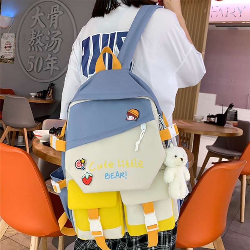 Balo đeo vai IELGY cỡ lớn màu tương phản phong cách Harajuku Hàn Quốc cho học sinh