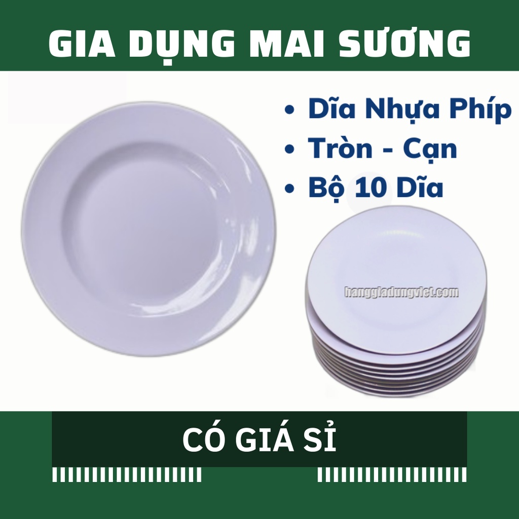 [Giá Sỉ] Bộ 10 Dĩa Nhựa Trắng Mika Tròn Cạn Mellamine, Nhựa Phíp số 6-7-8-9
