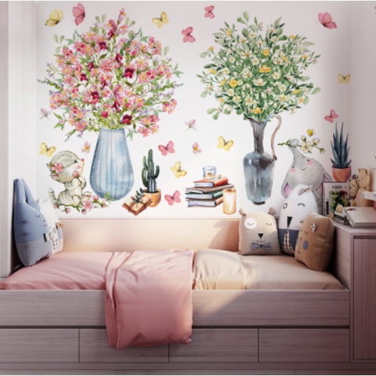 Decal trang trí tường - Bình hoa nở rộ cùng đàn bướm xinh