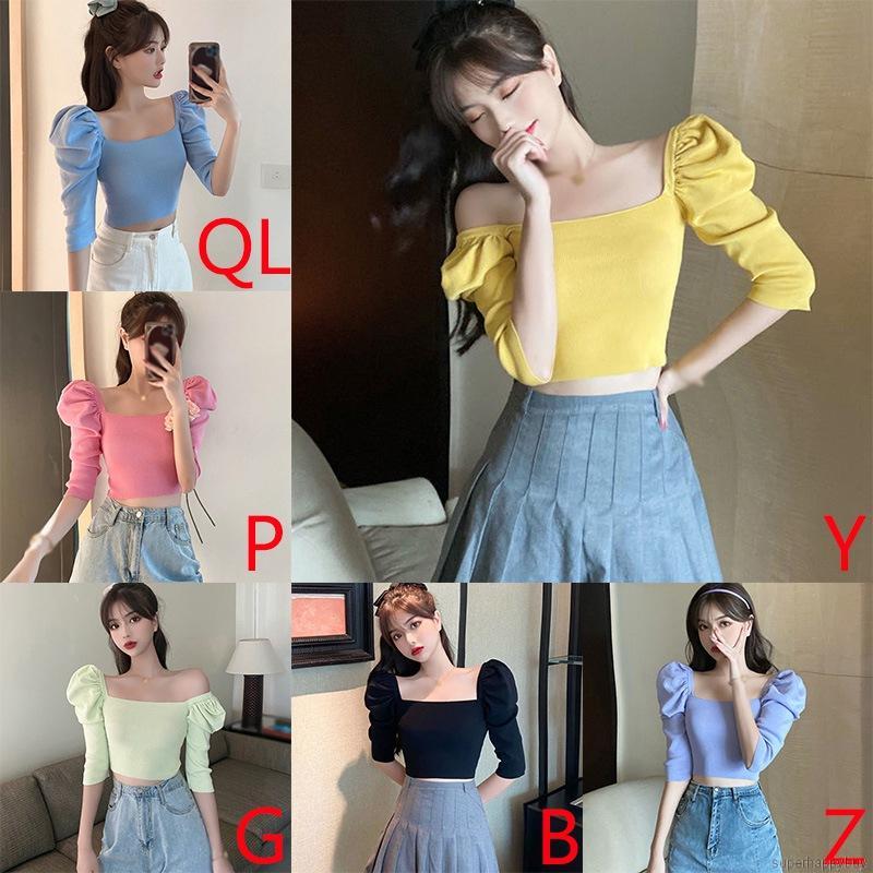 Áo Croptop Dệt Kim Tay Phồng Cổ Vuông Thiết Kế Thanh Lịch Cho Nữ