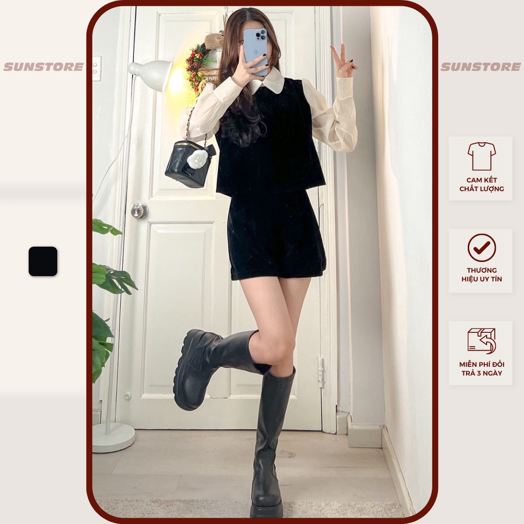 Set đồ nữ xinh áo sơ mi cổ sen và quần short chất nhung màu đen