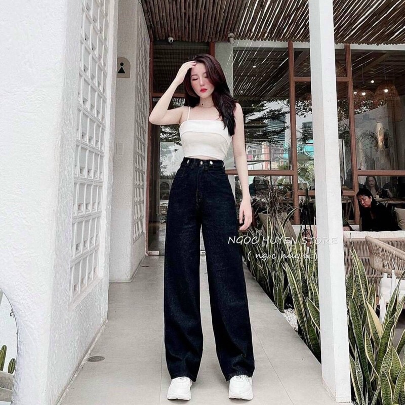 Quần Jean suông đen trắng cúc cài quốc dân (Ảnh thật)