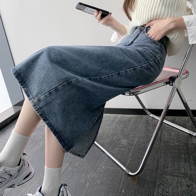 Chân váy bò dáng dài xẻ sau cúc chỉnh eo cạp cao tôn dáng