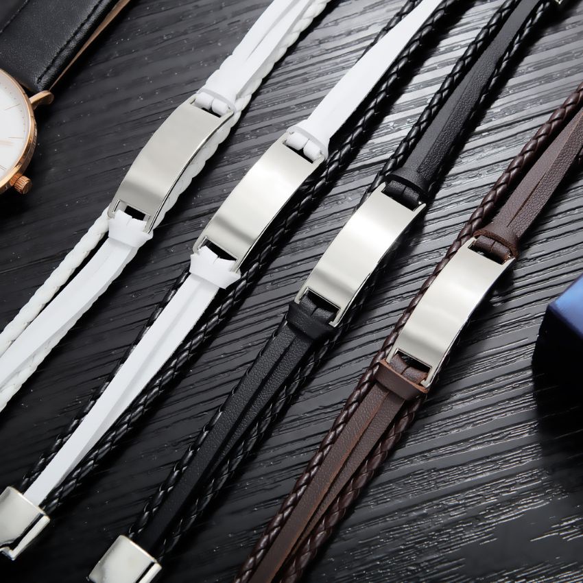 Vòng tay handmade nam cá tính bện da 3 lớp mặt thép titan chống rỉ phong cách trẻ