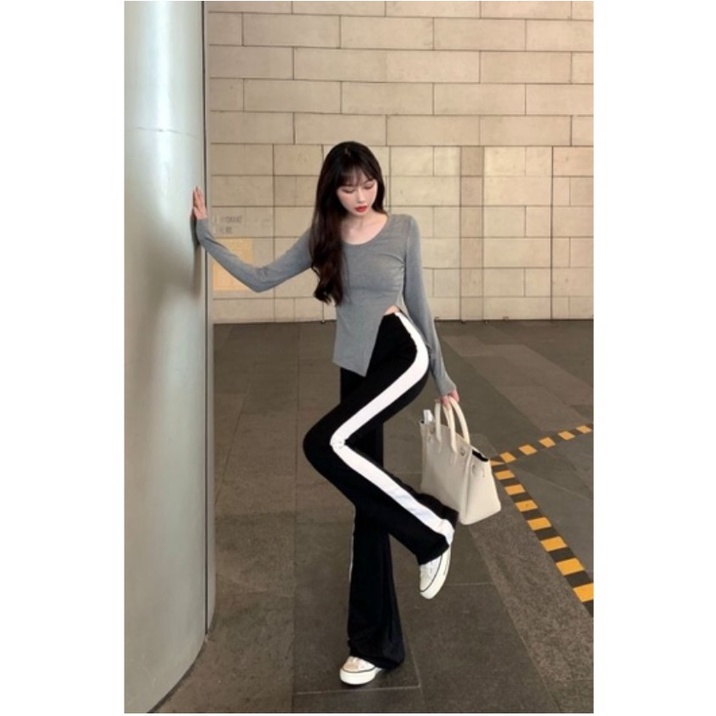 1 SỌC TRẮNG, Quần ống loe thun legging bigsize 90kg  LƯNG CAO gen bụng vải cotton co dãn 4 chiều DÀY DẶN, siêu tôn dáng