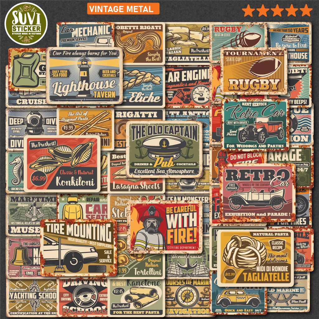 50 Sticker Vintage Metal chống nước sticker dán laptop, điện thoại, đàn guitar, mũ bảo hiểm, vali. MSP: VR18