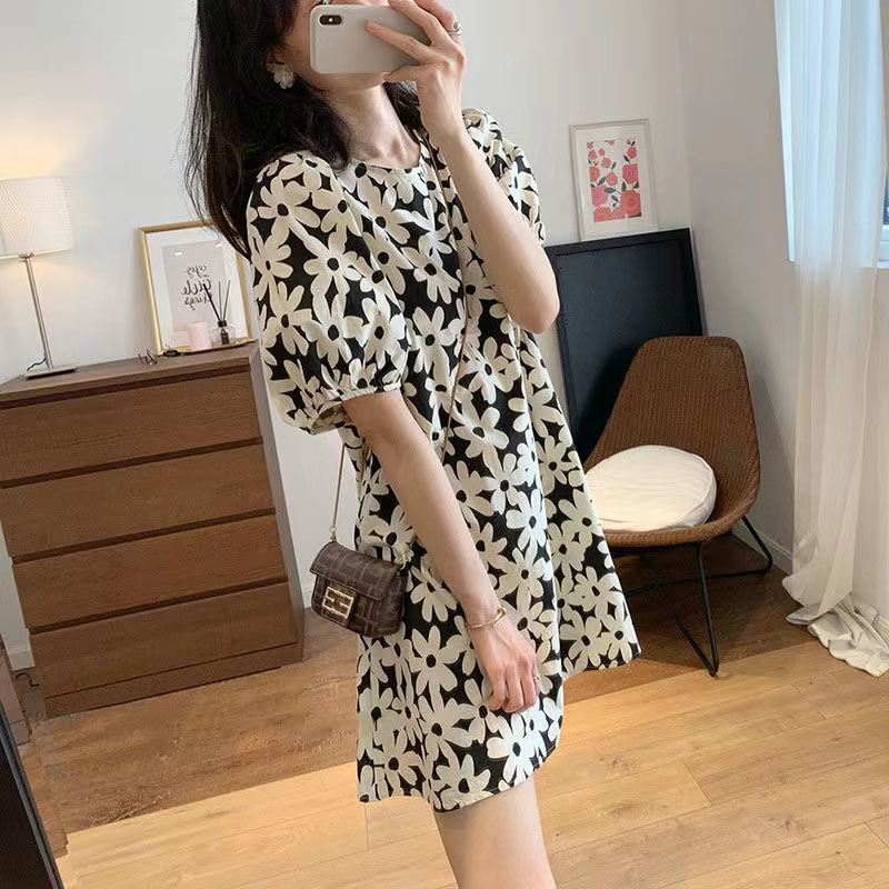 Đầm Tay Phồng Họa Tiết Hoa Phong Cách Retro Thời Trang Mùa Hè Hàn Quốc Cho Nữ