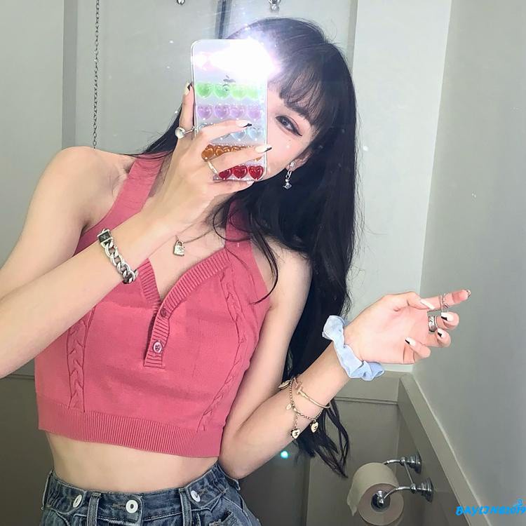 Áo croptop dệt kim không tay hở lưng màu trơn thời trang mùa hè năng động cho nữ 5 màu