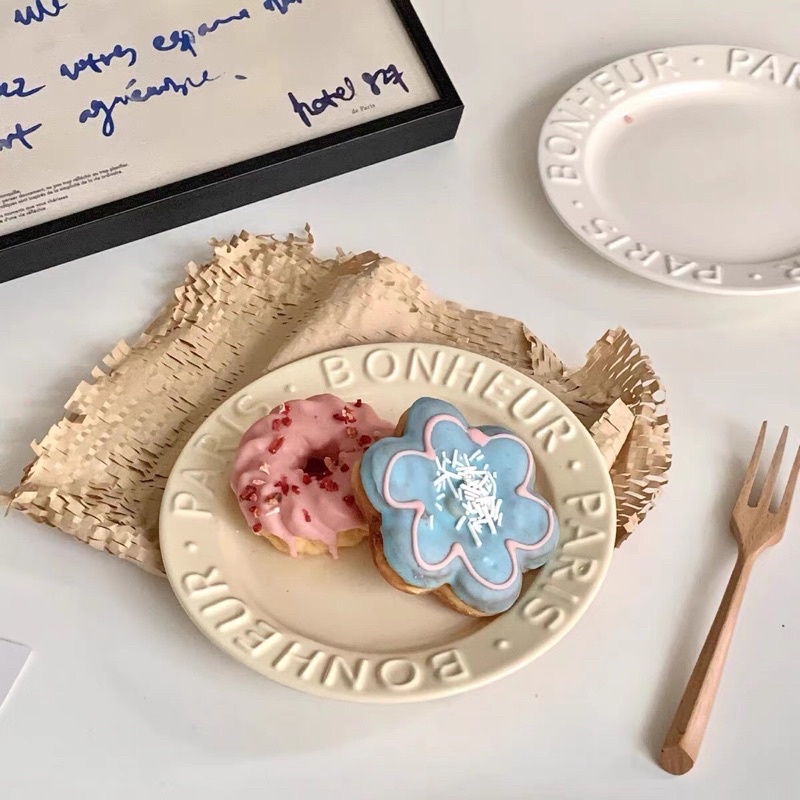 Đĩa sứ cao cấp in chữ nổi Bonmi màu pastel phong cách Hàn quốc