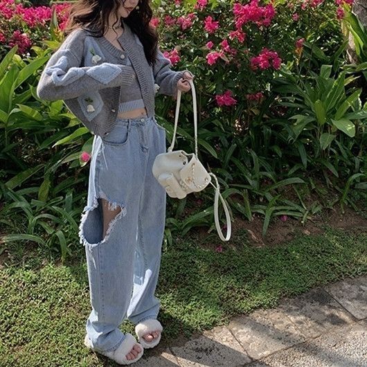 Áo Khoác Cardigan Dệt Kim Thủ Công Dáng Ngắn Họa Tiết Hoa Lily Nhỏ Cho Nữ
