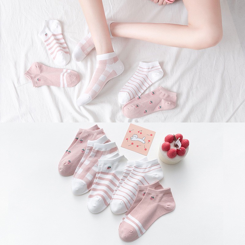 Tất vớ cổ ngắn họa tiết Vintage dễ thương màu trắng màu hồng cho nữ LUCIA SISTER T10