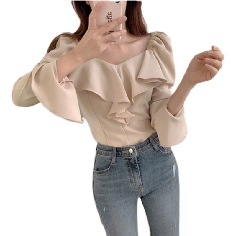 Áo Sơ Mi Dài Tay Kiểu Pháp 154741 Áo Kiểu Cổ Vuông Dáng Ôm Phong Cách Phương Tây Dành Cho Nữ