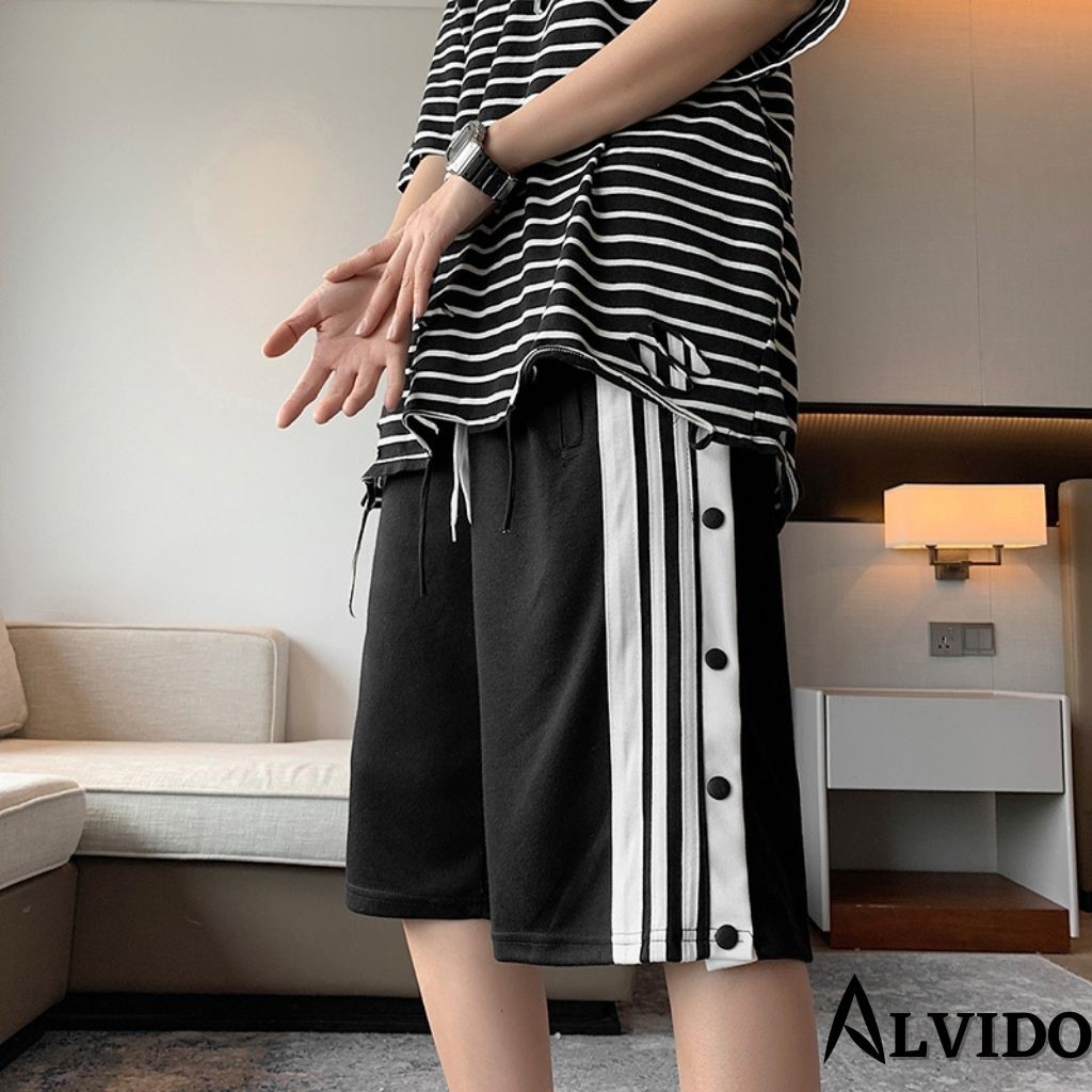 Quần short nam ALVIDO quần đùi nam phối ba sọc thể thao Basic nam nữ Oversize mùa hè phong cách đường phố Hàn Quốc QS309