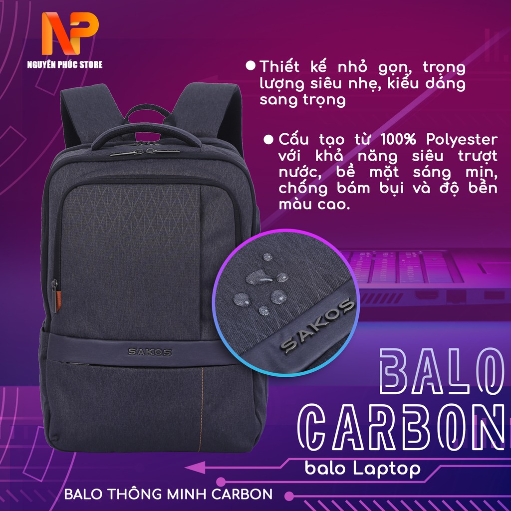 Balo Laptop 15.6 Inch Sakos Carbon,chất liệu chống nước,nhiều ngăn rộng rãi,tích hợp cổng sạc USB