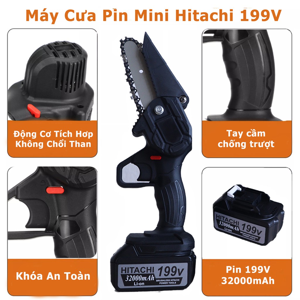 [BẢO HÀNH 12 THÁNG] Máy cưa xích cầm tay dùng pin Hitachi 199V, máy cưa mini thuận tiện - đa dụng - 2 Pin 10 Cell