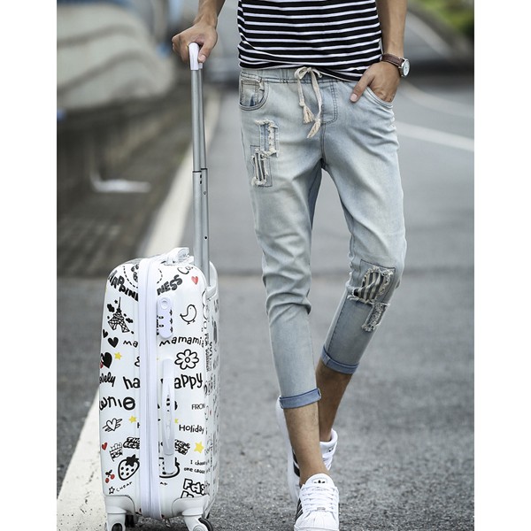 Quần Nam, quần jeans lửng rách vá sọc, RY0641