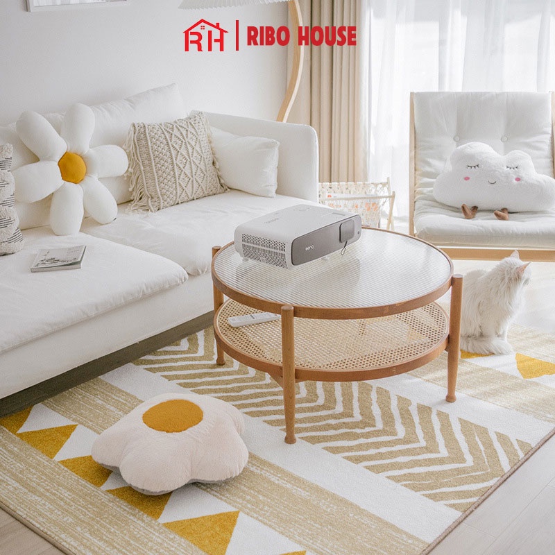 Bàn uống nước mặt kính RIBO HOUSE khung viền gồi sồi bàn trà 2 tầng trang trí phòng khách phòng ngủ ban công RIBO203