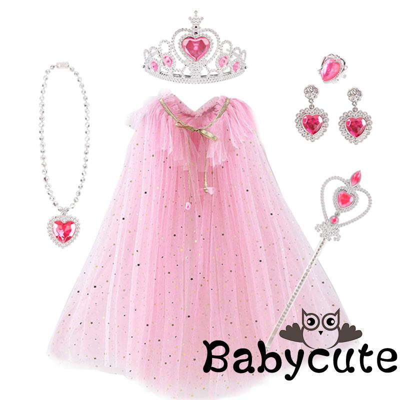 Bộ Áo Choàng + Vương Miện + Vòng cổ + Bông Tai + Gậy Phép Thuật Hóa Trang Công Chúa Cho Bé Gái
