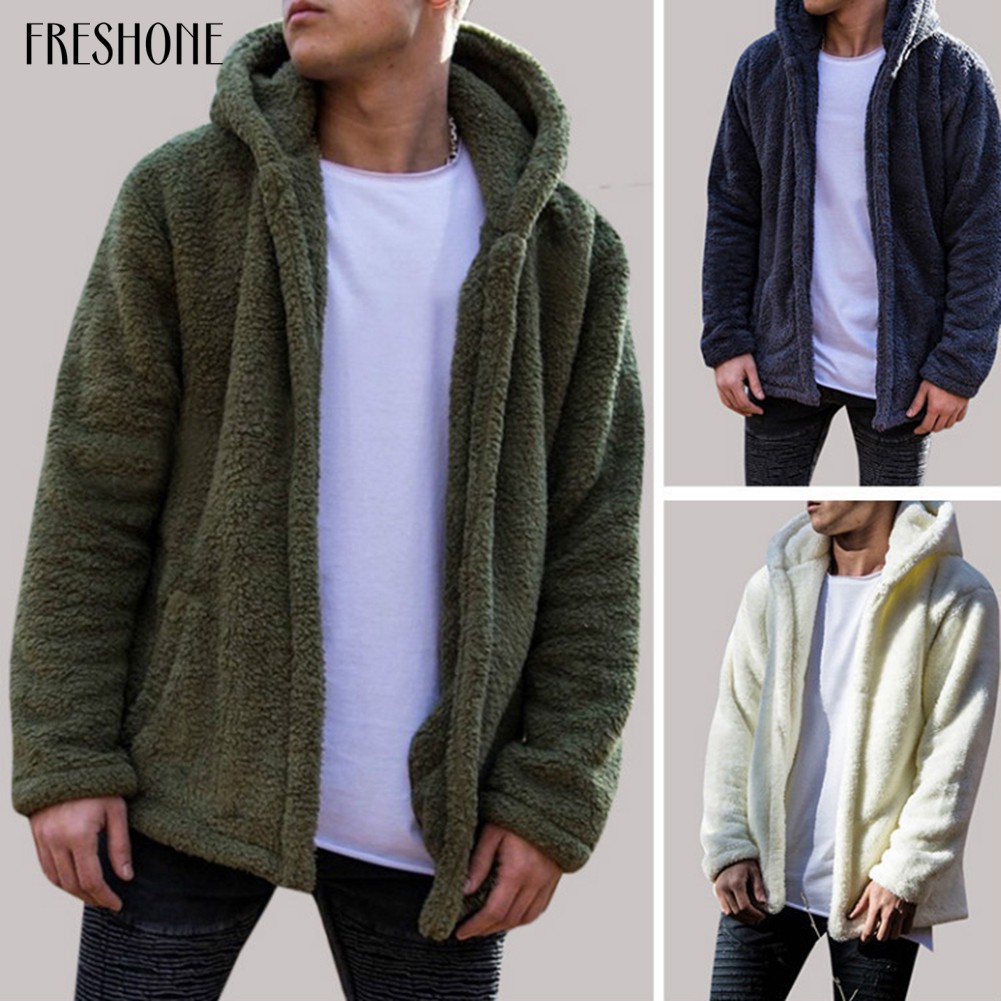 Áo khoác hoodie lông cừu tay dài dáng rộng phối túi sành điệu cho nam