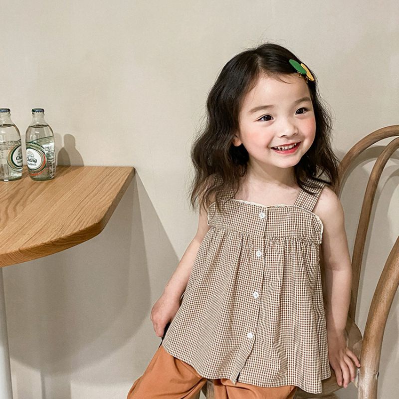 Áo Hai Dây Baby doll Mùa Hè Cho Bé Họa Tiết Caro Nhí Cúc Giữa