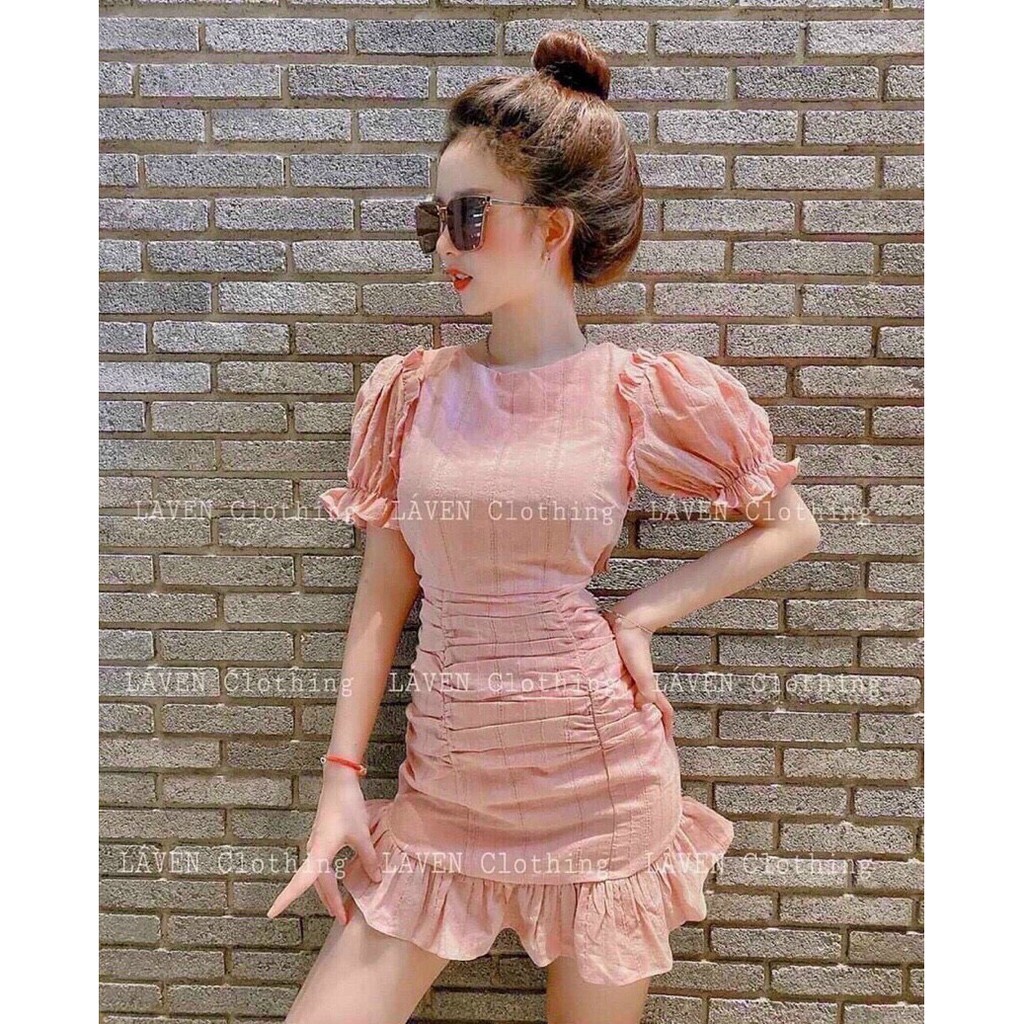 đầm ngắn đuôi cá cổ tròn ngắn tay