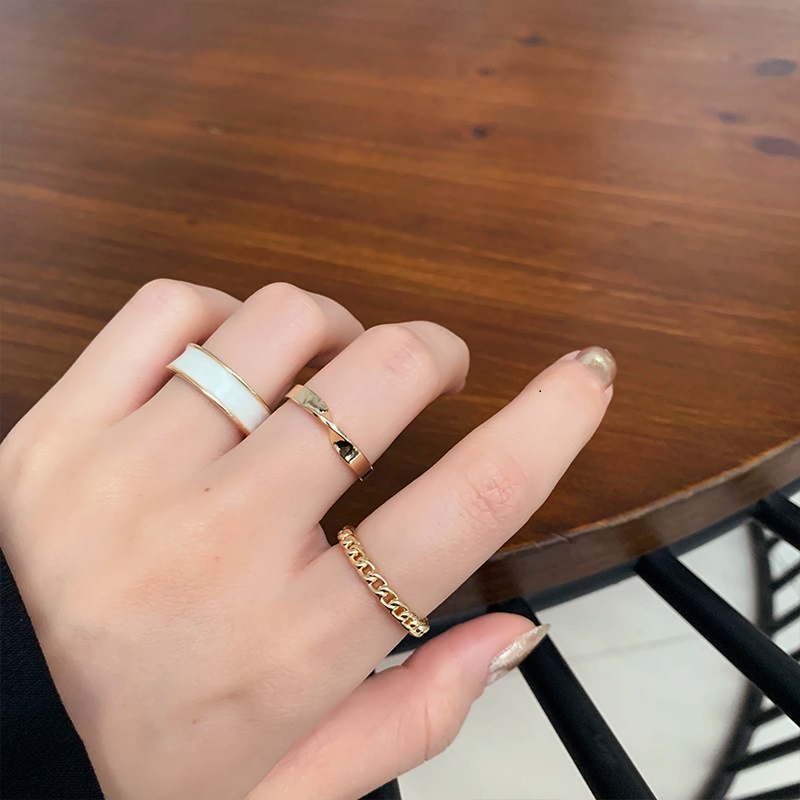 Set 3 Nhẫn Tròn Kim Loại Tráng Men Màu Trắng Phong Cách Bohemian Có Thể Điều Chỉnh Cho Nữ