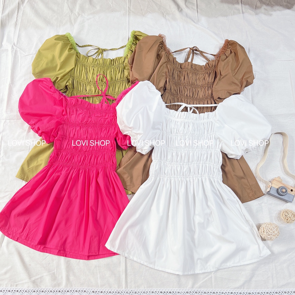 LOVI SHOP- Áo kiểu nữ ngắn tay nhún ngực bẹt vai tay phồng cổ vuông