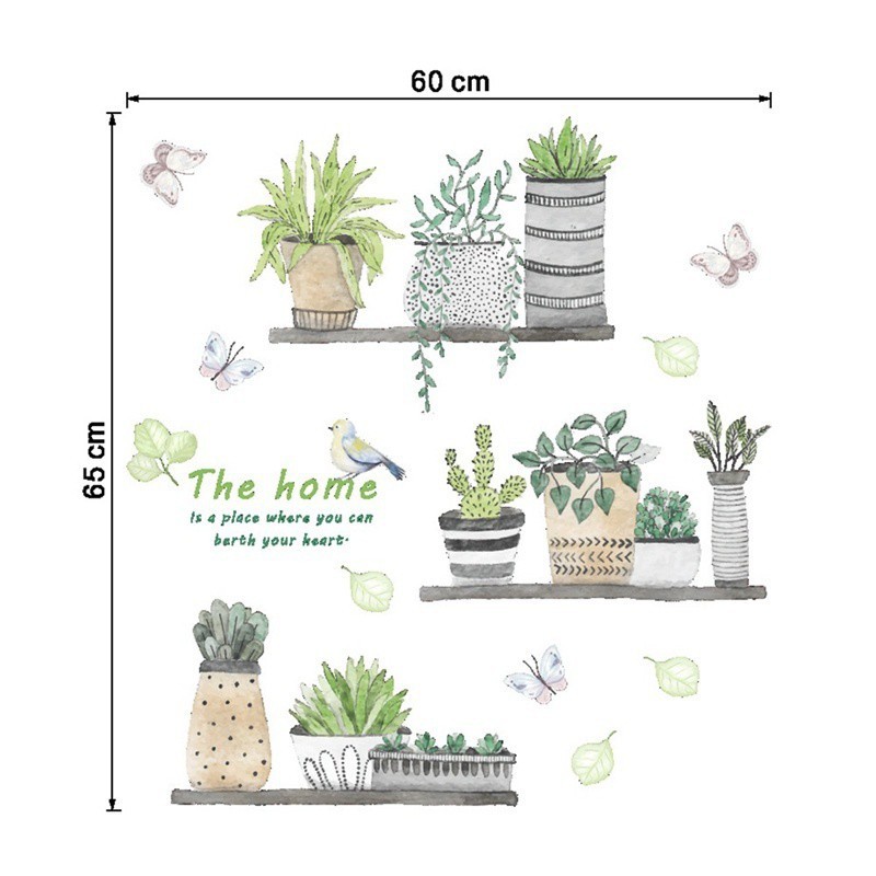 Nhãn dán tường kiểu chậu cây dễ thương trang trí phòng cỡ 90*30 cm